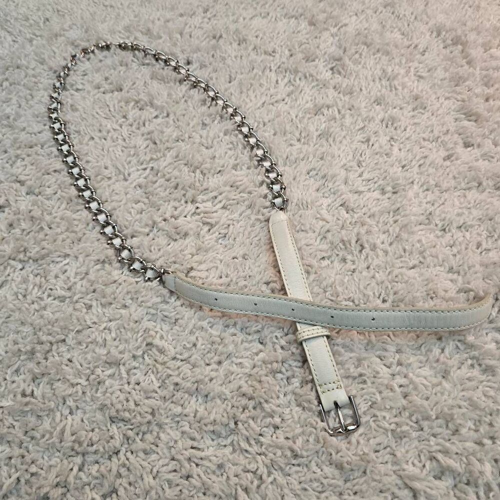 Ann Taylor White Leather and Chain Ribbon Belt M